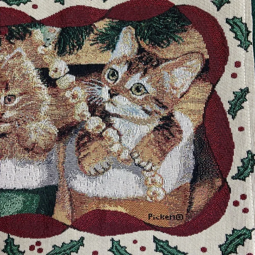 Whimsical Cozy Cats Christmas Tapestry Table Runner Kittens 13x73 Made In USA